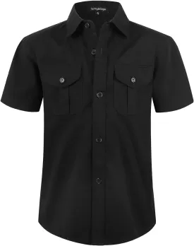 Spring&Gege Boys' Short Sleeve Button Down Shirts for Kids Woven Solid with Two Pockets