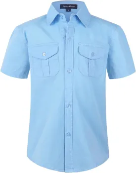 Spring&Gege Boys' Short Sleeve Button Down Shirts for Kids Woven Solid with Two Pockets