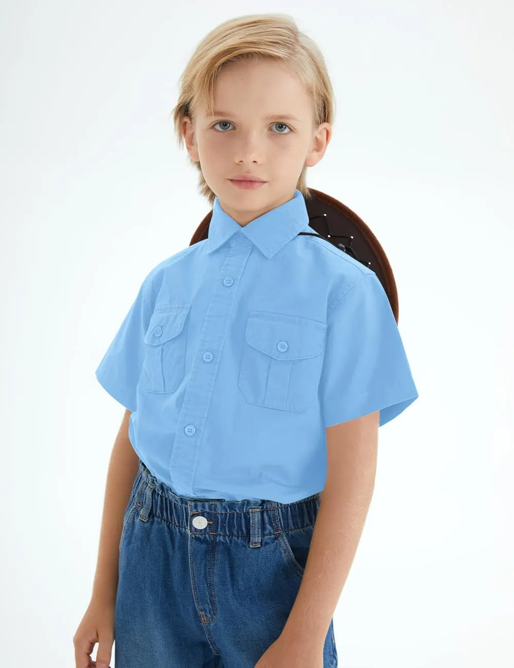 Spring&Gege Boys' Short Sleeve Button Down Shirts for Kids Woven Solid with Two Pockets