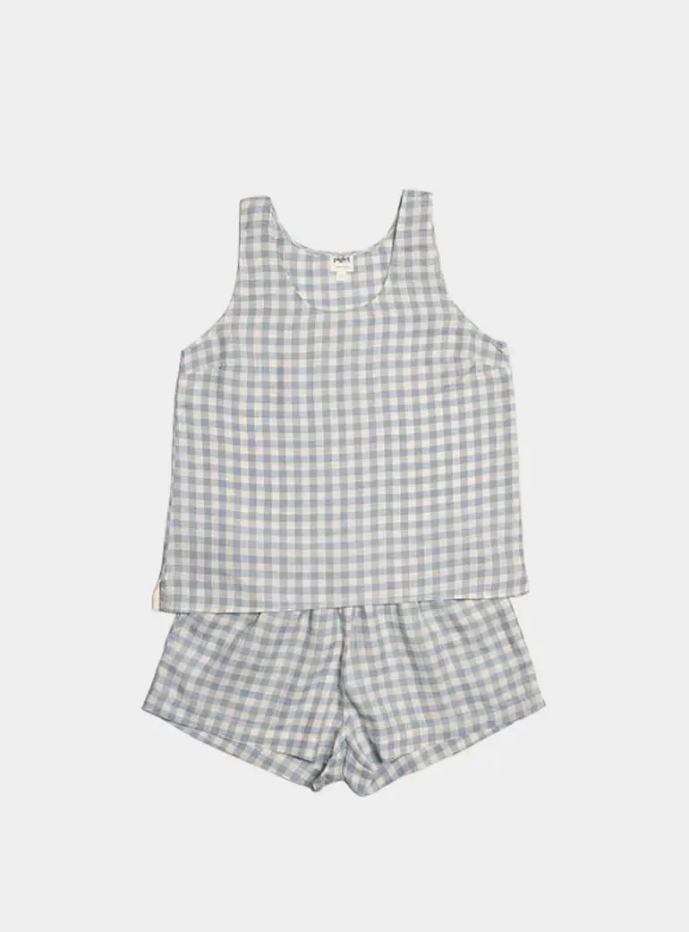 Warm Blue Gingham Linen Cami Short Set