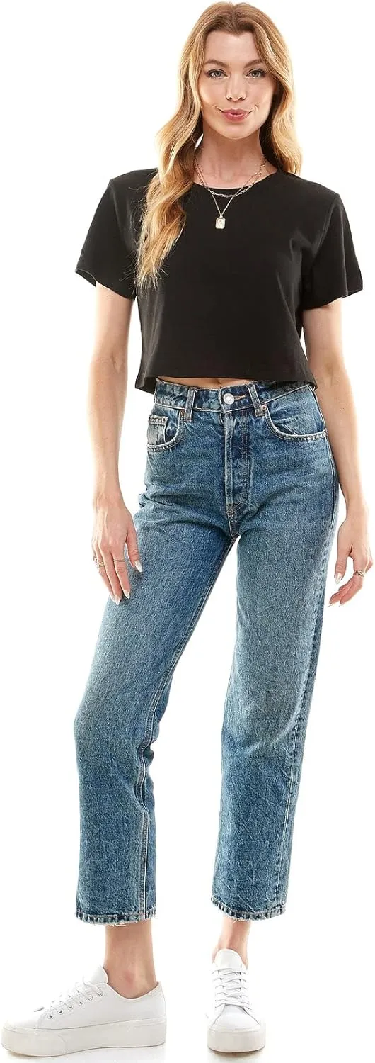Women's Boxy Crop Top Round Neck Short Sleeve Casual 100% Cotton Cropped Tee T-Shirt