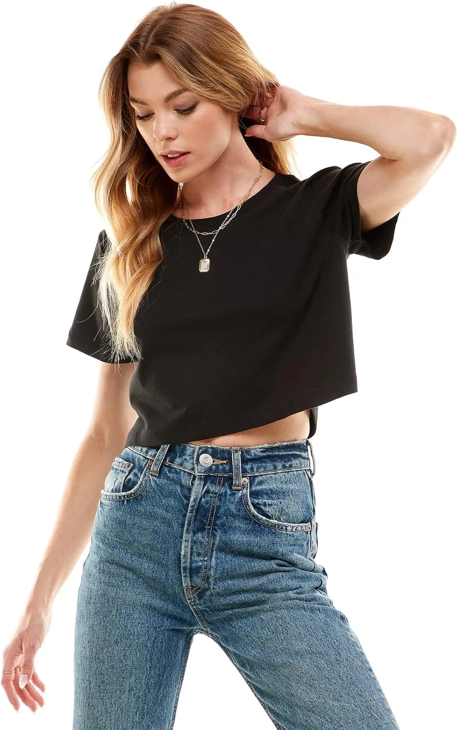 Women's Boxy Crop Top Round Neck Short Sleeve Casual 100% Cotton Cropped Tee T-Shirt