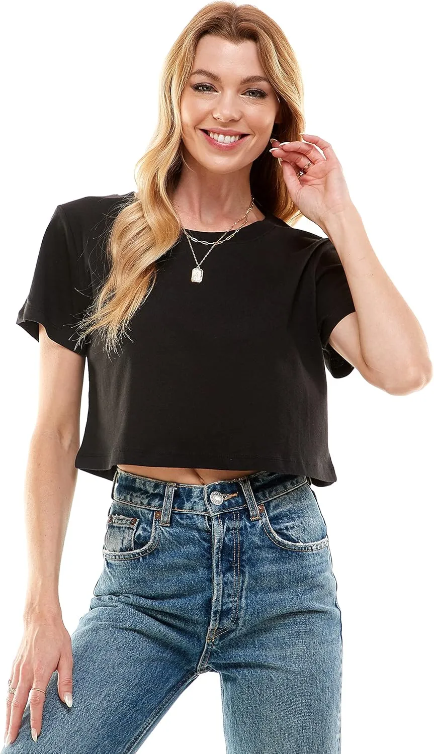 Women's Boxy Crop Top Round Neck Short Sleeve Casual 100% Cotton Cropped Tee T-Shirt