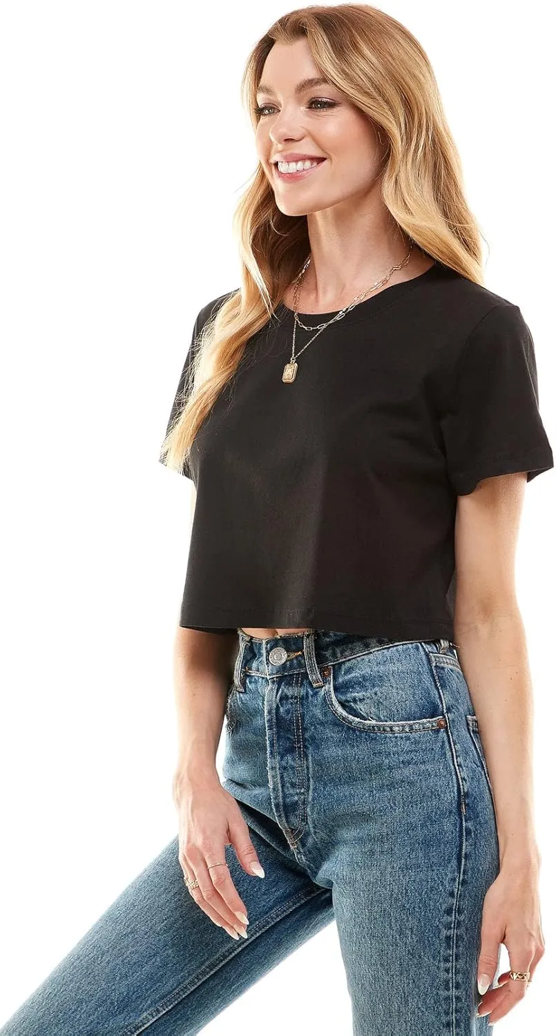 Women's Boxy Crop Top Round Neck Short Sleeve Casual 100% Cotton Cropped Tee T-Shirt