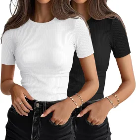 Women's Short Sleeve Shirts Pack Crewneck Ribbed Knit Tshirts Slim Fit Casual Summer Basic Tops S-XXL