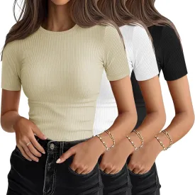 Women's Short Sleeve Shirts Pack Crewneck Ribbed Knit Tshirts Slim Fit Casual Summer Basic Tops S-XXL
