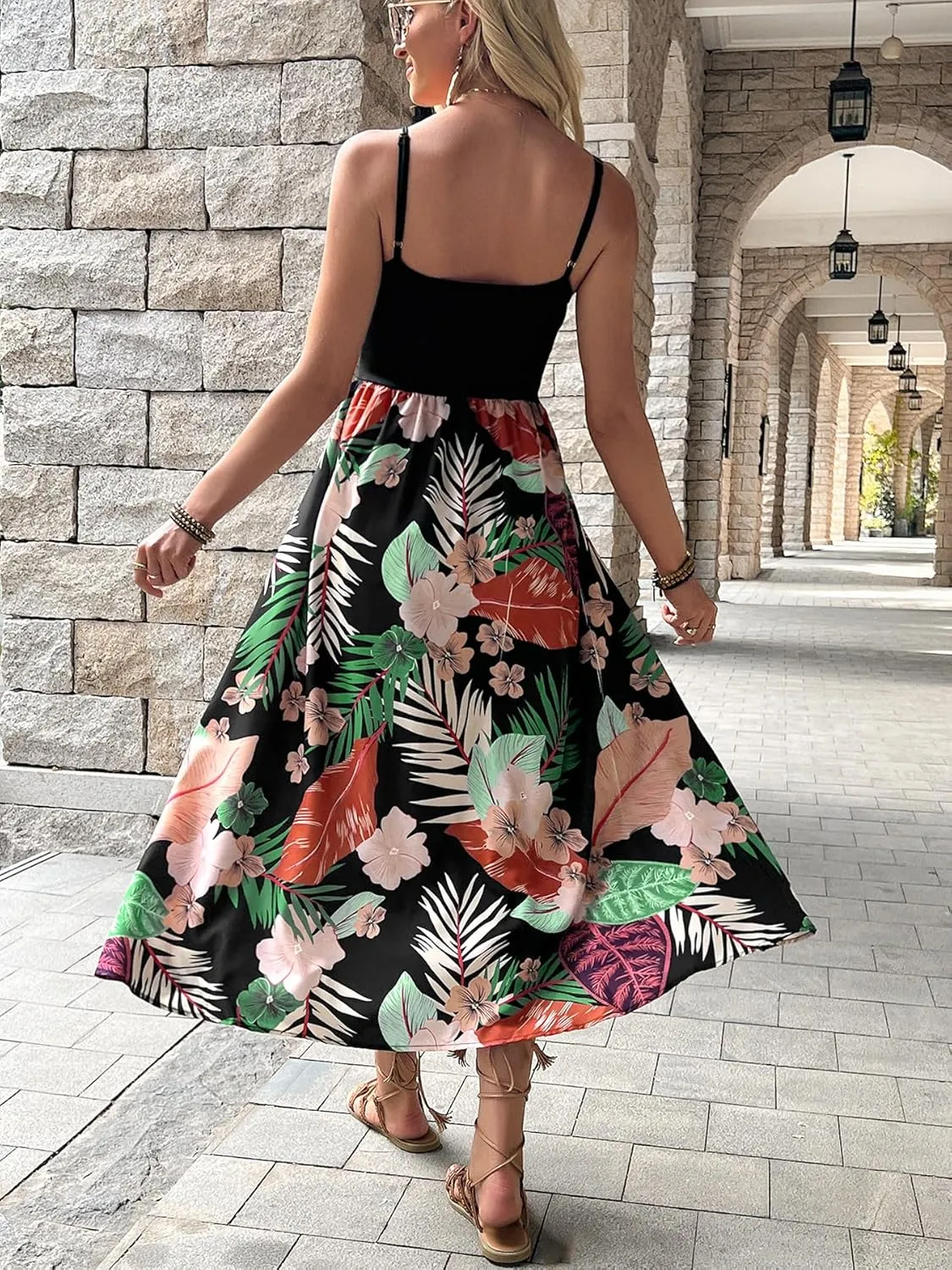 Women's Vacation Slip Dresses Floral Print Midi Beach Skirts Sexy Open Back Side Slit Design