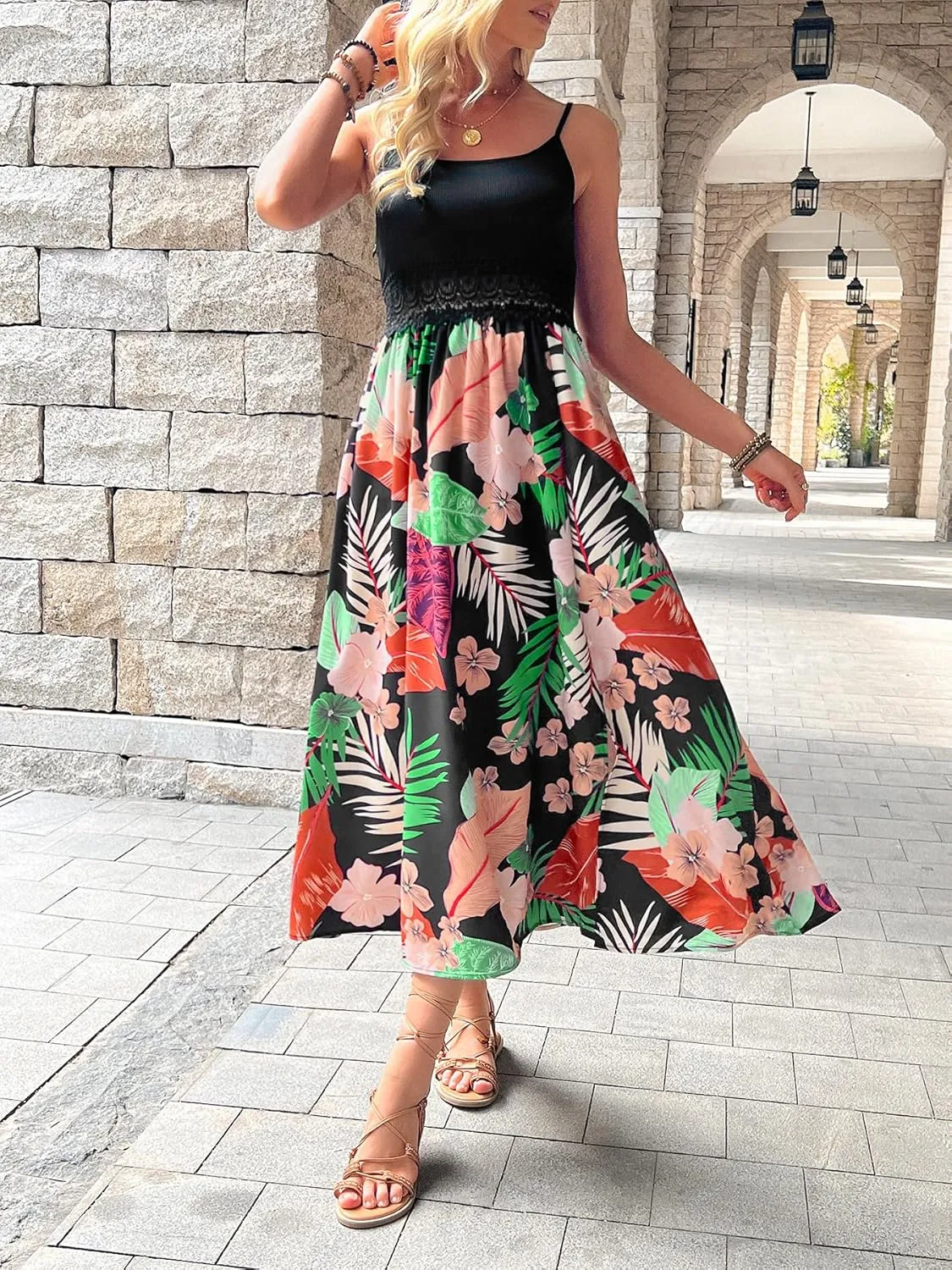 Women's Vacation Slip Dresses Floral Print Midi Beach Skirts Sexy Open Back Side Slit Design