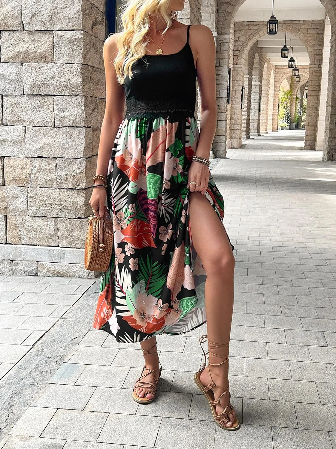 Women's Vacation Slip Dresses Floral Print Midi Beach Skirts Sexy Open Back Side Slit Design