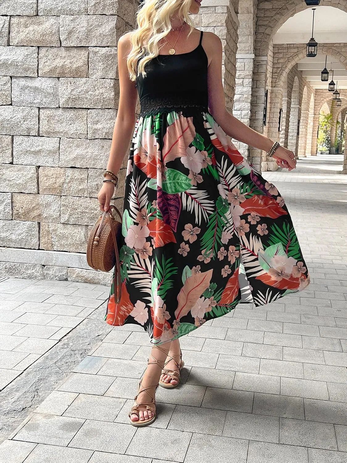 Women's Vacation Slip Dresses Floral Print Midi Beach Skirts Sexy Open Back Side Slit Design