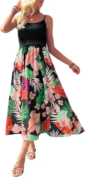 Women's Vacation Slip Dresses Floral Print Midi Beach Skirts Sexy Open Back Side Slit Design